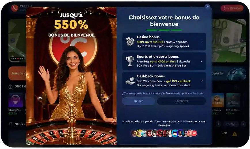 Choix du bonus de bienvenue